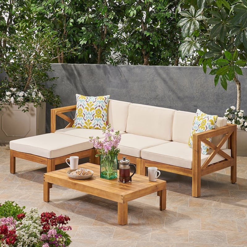 L Shaped Sofa Set Outdoor Acacia Wood Sectional Couch with Coffee Table - Teak+Beige