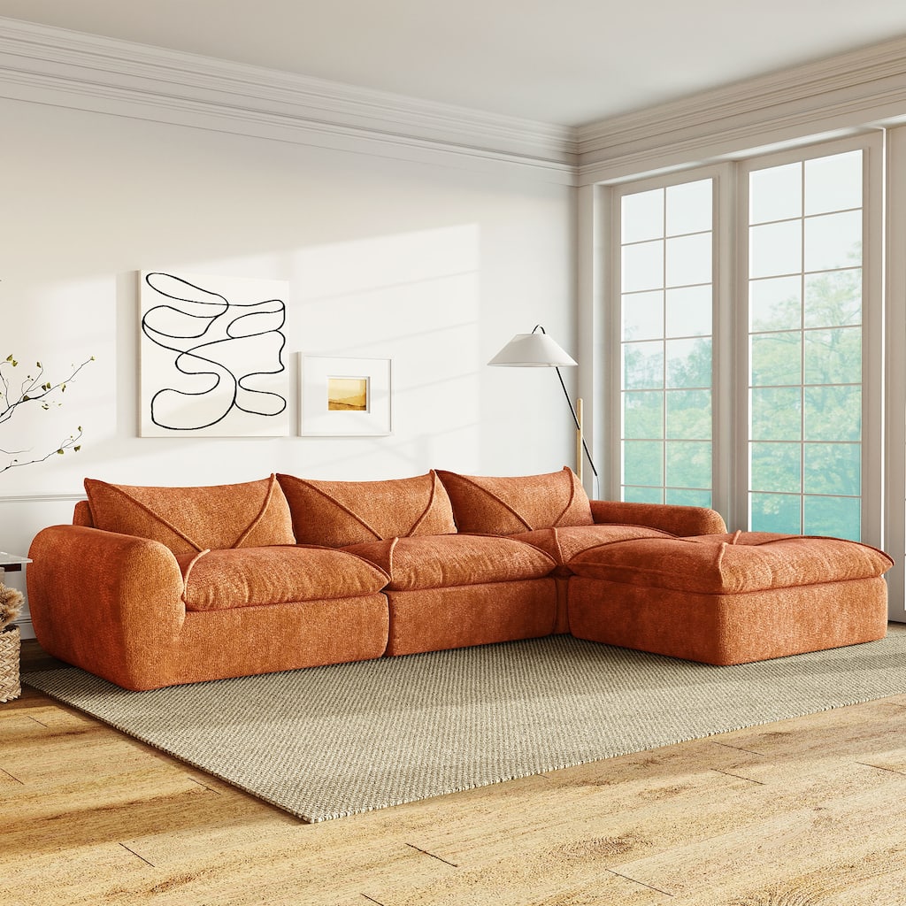 Roomfitters 116'' Fully Compressed Sofa, High Density Foam, Legless Modular Design, No Assembly, Chenille, Orange