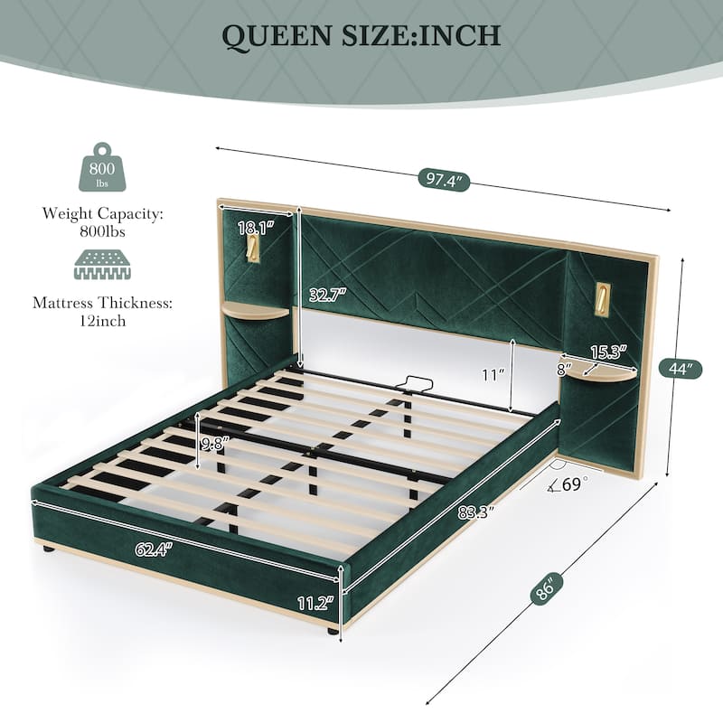 Christopher Knight Home - Voss Velvet Upholstered Bed with 2 Built-in LED Lights and 2 Storage Side Panels