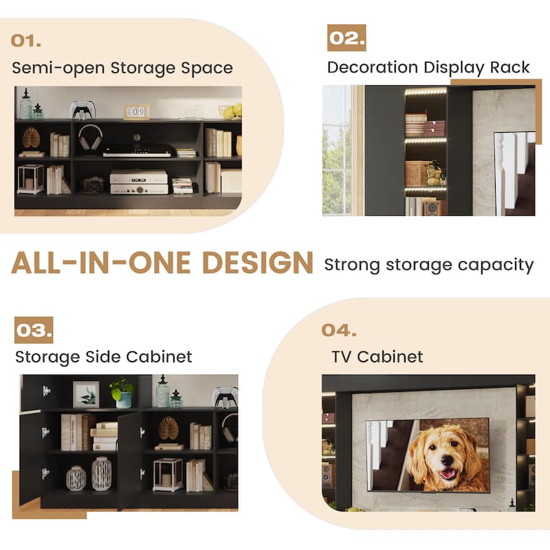 EROMMY 112" Wall Unit TV Stand with LED Lights, Bookshelves and Storage Cabinets for Living Room