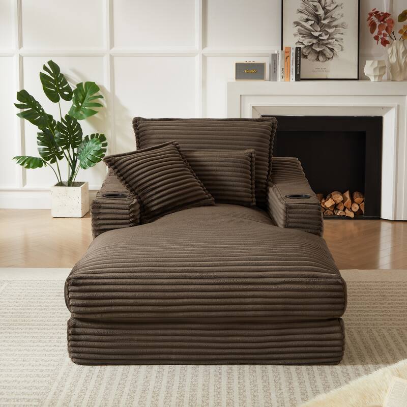 47.24" Chaise Lounge Sofa Chair, Modern Corduroy Sleeper Couch with Pillows, Single Recliner with Cup Holders and Side Pockets
