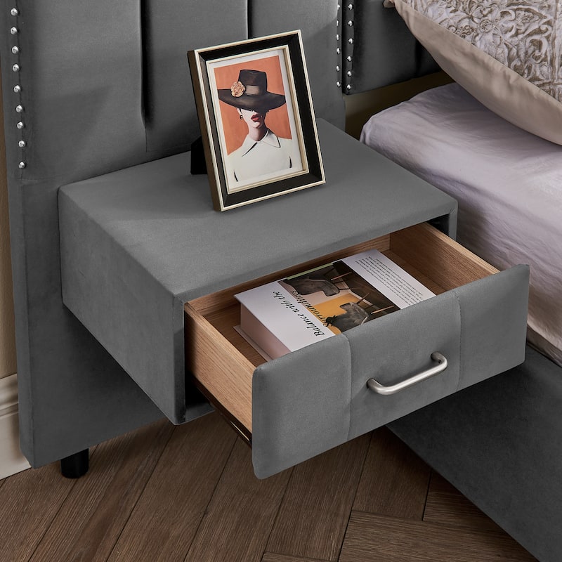 Modern Upholstered Bed Frame with Velvet Headboard, Vertical Channel Button Design, Integrated Nightstand, Platform Support