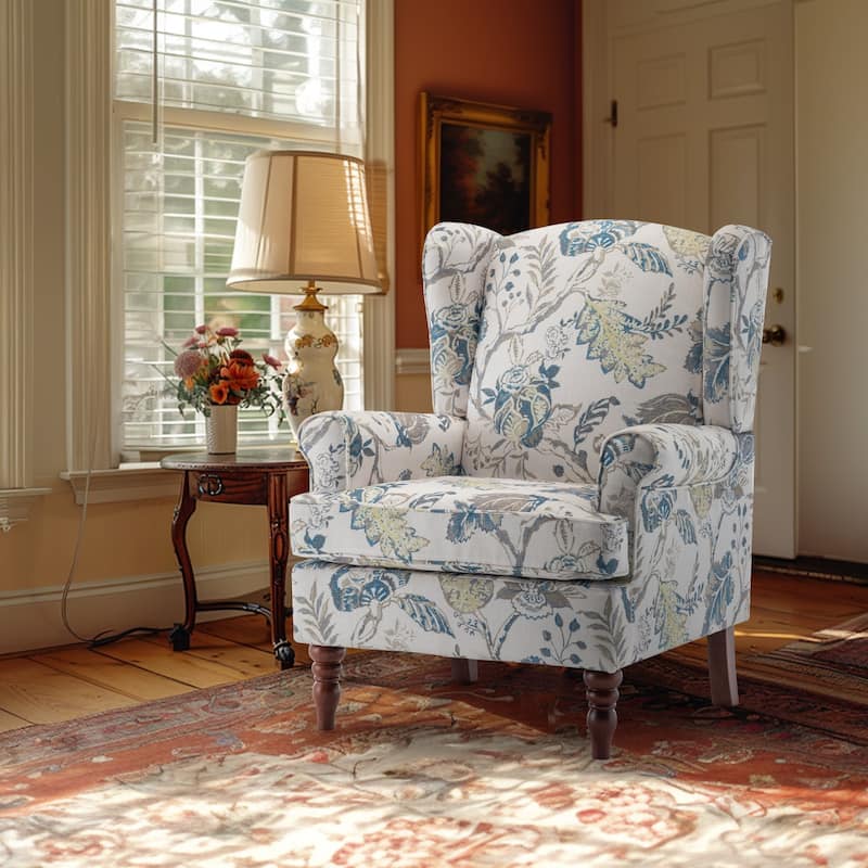 Erommy Modern Accent Chair, High Back Armchair, Upholstered Fabric Button Single Sofa with Wooden Legs for Living Room - Blue - Flower