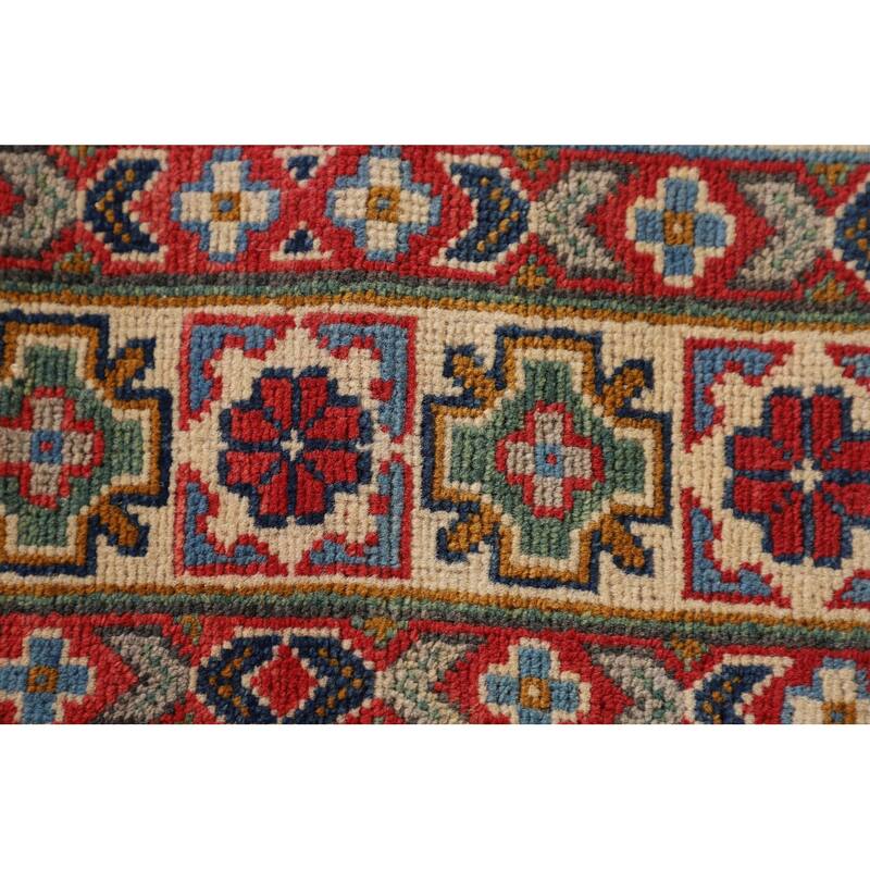 Green Geometric Kazak Accent Rug Handmade Oriental Wool Carpet - 3'4"x 4'10"