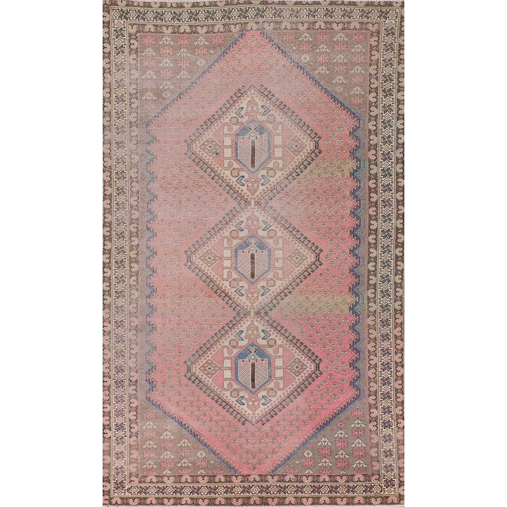 Distressed Pink Bakhtiari Persian Vintage Rug Hand-Knotted Wool Carpet - 5'6" x 9'7"