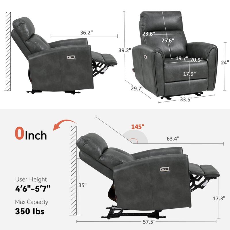 MCombo Power Small Recliners, Modern Zero Wall Hugger Recliners Chair with Lumbar Support, USB and Charging Ports, FSC Certified