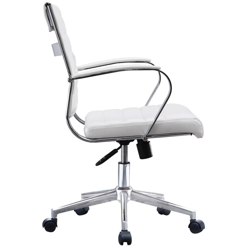 Black Office Chairs Mid Back Ribbed PU Leather Executive Task Work Conference With Arms Wheels Tilt Swivel Rolling