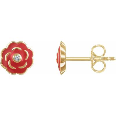 10K Yellow Gold 0.1 CTW Diamond Enamel Flower Earrings