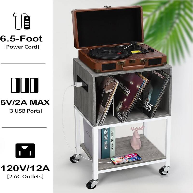 Vinyl Shelf with USB Ports and Outlets Turntable - 17.2 x 24.82 x 11.83