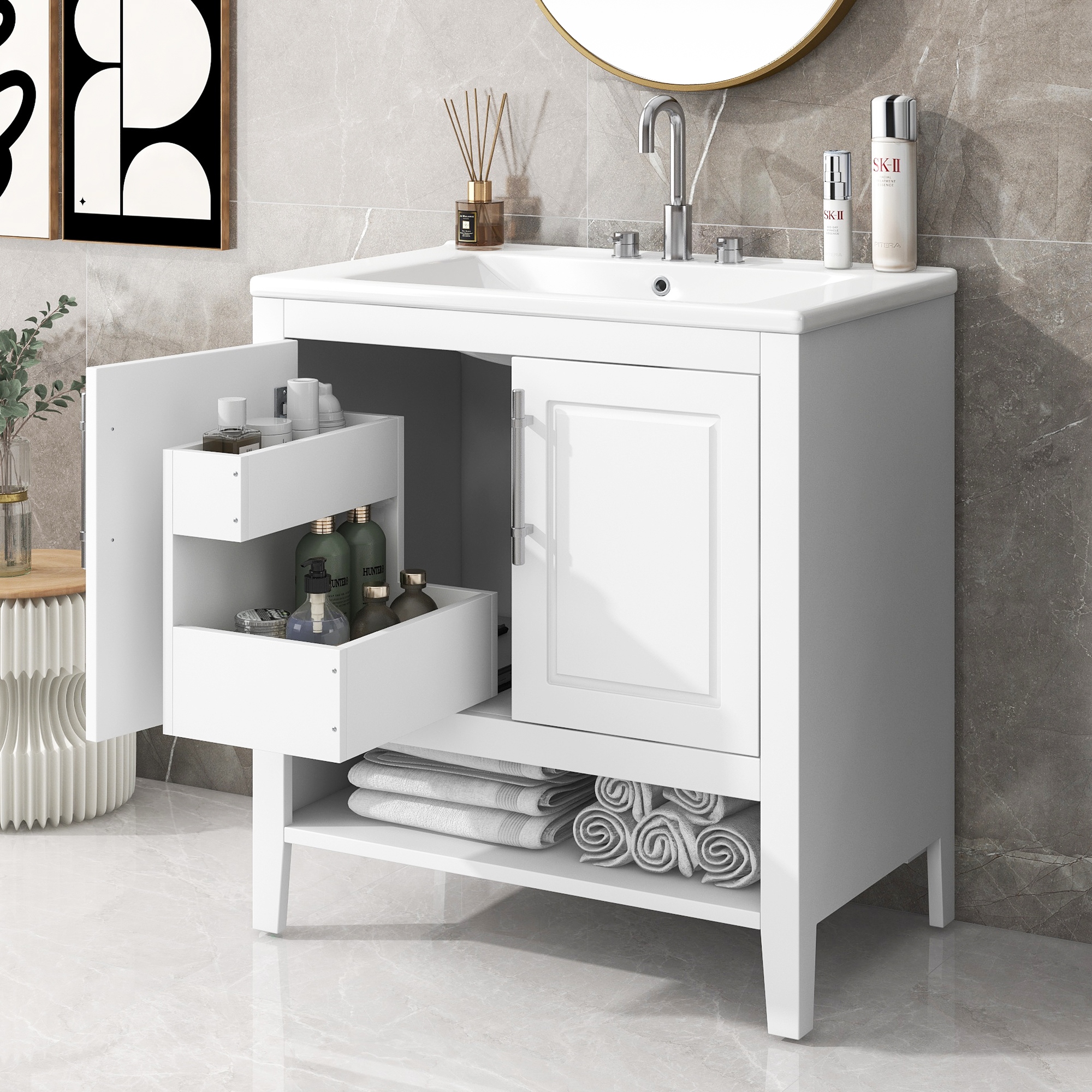 30 Modern White Bathroom Vanity with Sink Multi functional Bathroom Cabinet with Drawers 2 Doors and Storage Shelf
