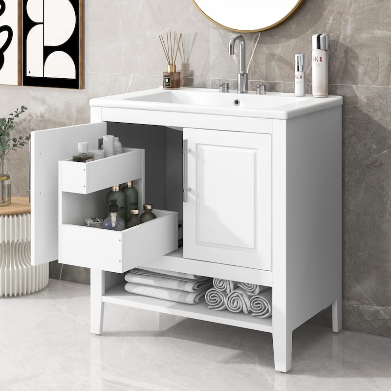 30"Bathroom Vanity with Sink,Multi-functional Bathroom Cabinet with Doors and Drawers,Solid Frame,MDF Board - White