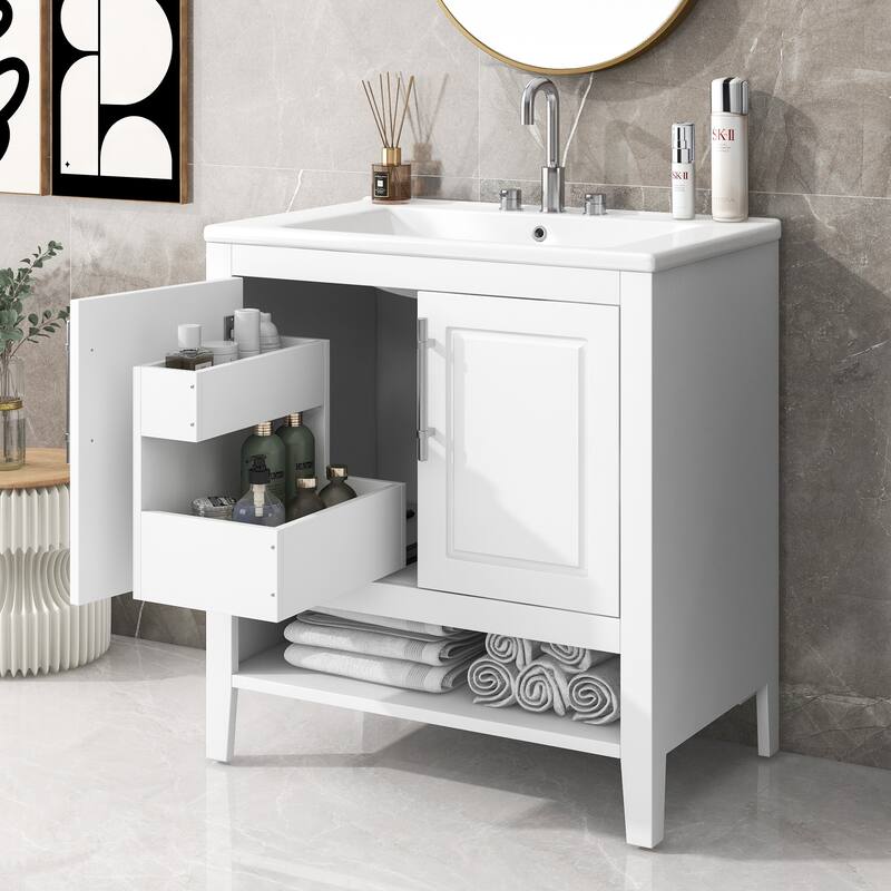 30-inch Freestanding Vanity for Bathroom with Sink, Storage Cabinet with 2 Built-in Drawers, Open Shelf and Silver Handles