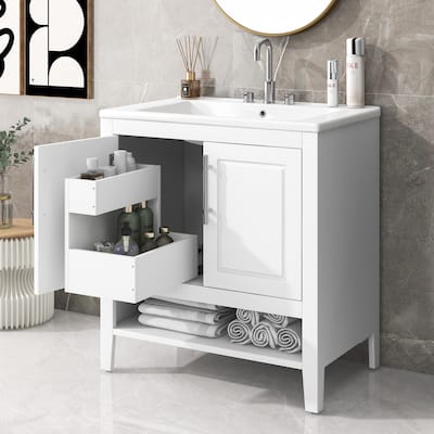 Bathroom Vanity with Ceramic Basin Sink, Bathroom Storage Cabinet with Doors and Drawers, Bathroom Cabinet with Open Shelf