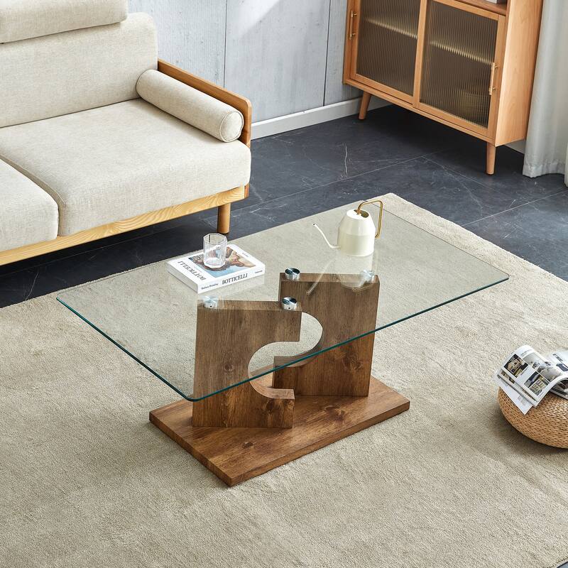 47.2" Modern Rectangular Coffee Table with Tempered Glass Tabletop and MDF Legs
