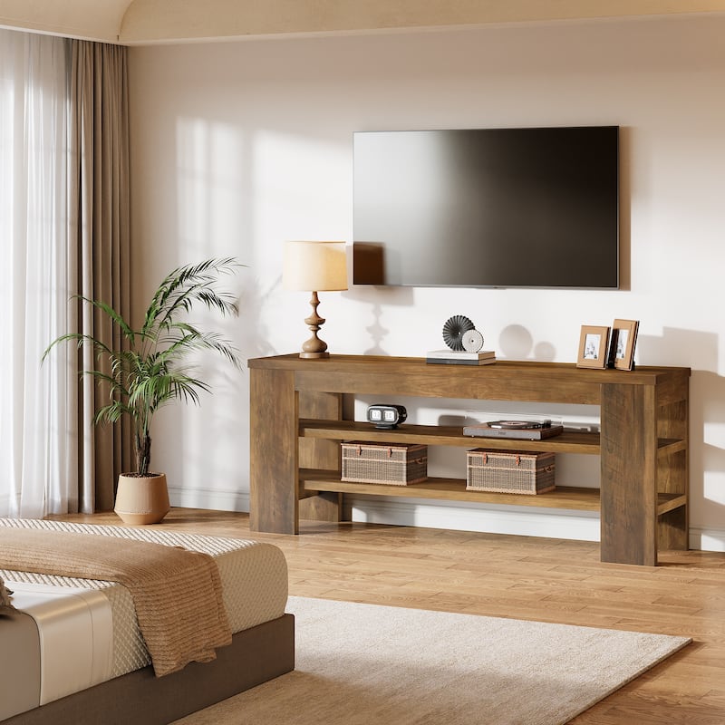 47'' Rustic Brown Wooden 3-Tier TV Stand with Open Storage, Shoe Bench