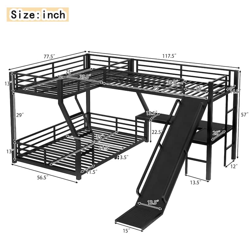 L-shaped Triple Bunk Bed for Esports & Works with Floor Bunk Bed and Loft Bed, Metal Bedframe with Slide and Charging Station