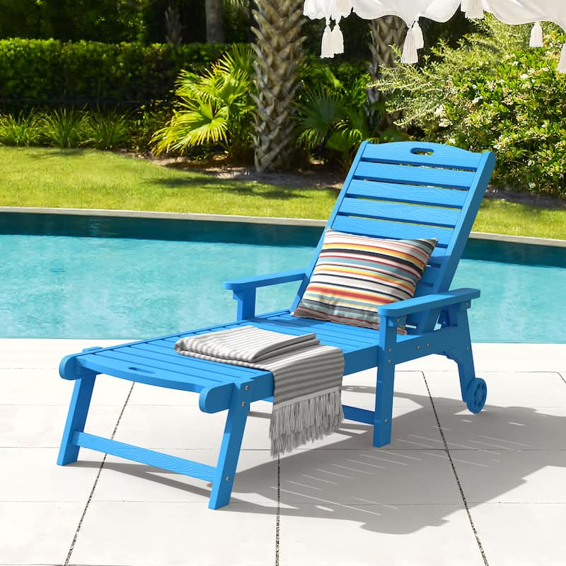 Outdoor Adjustable Wheeled Chaise Lounge Chairs with Arms for Patio, Deck, Backyard - 78.9"L x 24"W x 39.7"H - Blue