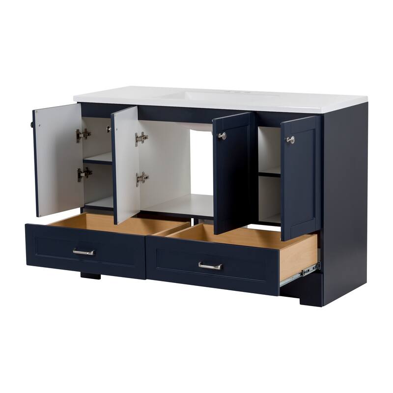 Spring Mill Cabinets Emlyn 48.5" Bathroom Vanity With Shelves, Drawers, and White Sink Top