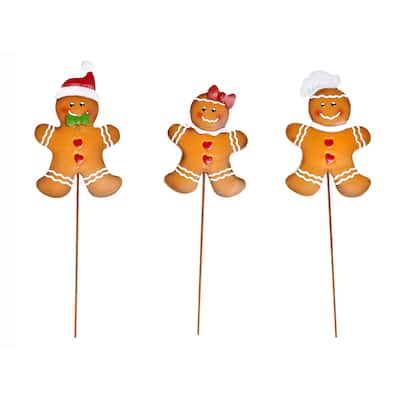 14" Metal Christmas Gingerbread Man on Stake, Set of 3 - Multicolor