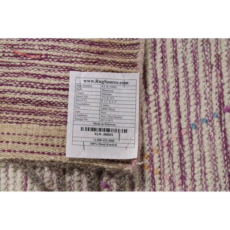 Beige Trellis Moroccan Area Rug Hand-Knotted Oriental Wool Carpet - 5'1"x 8'11"