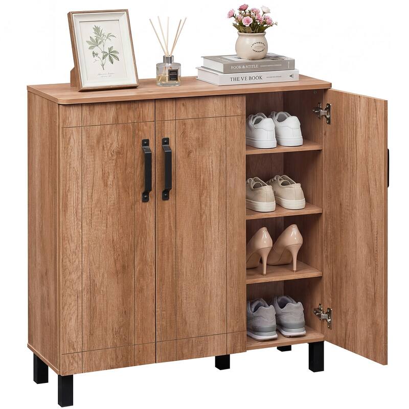 Gymax 5-Tier Shoe Storage Cabinet w/3 Doors Removable Shelves & - Mocha Oak - No Drawers
