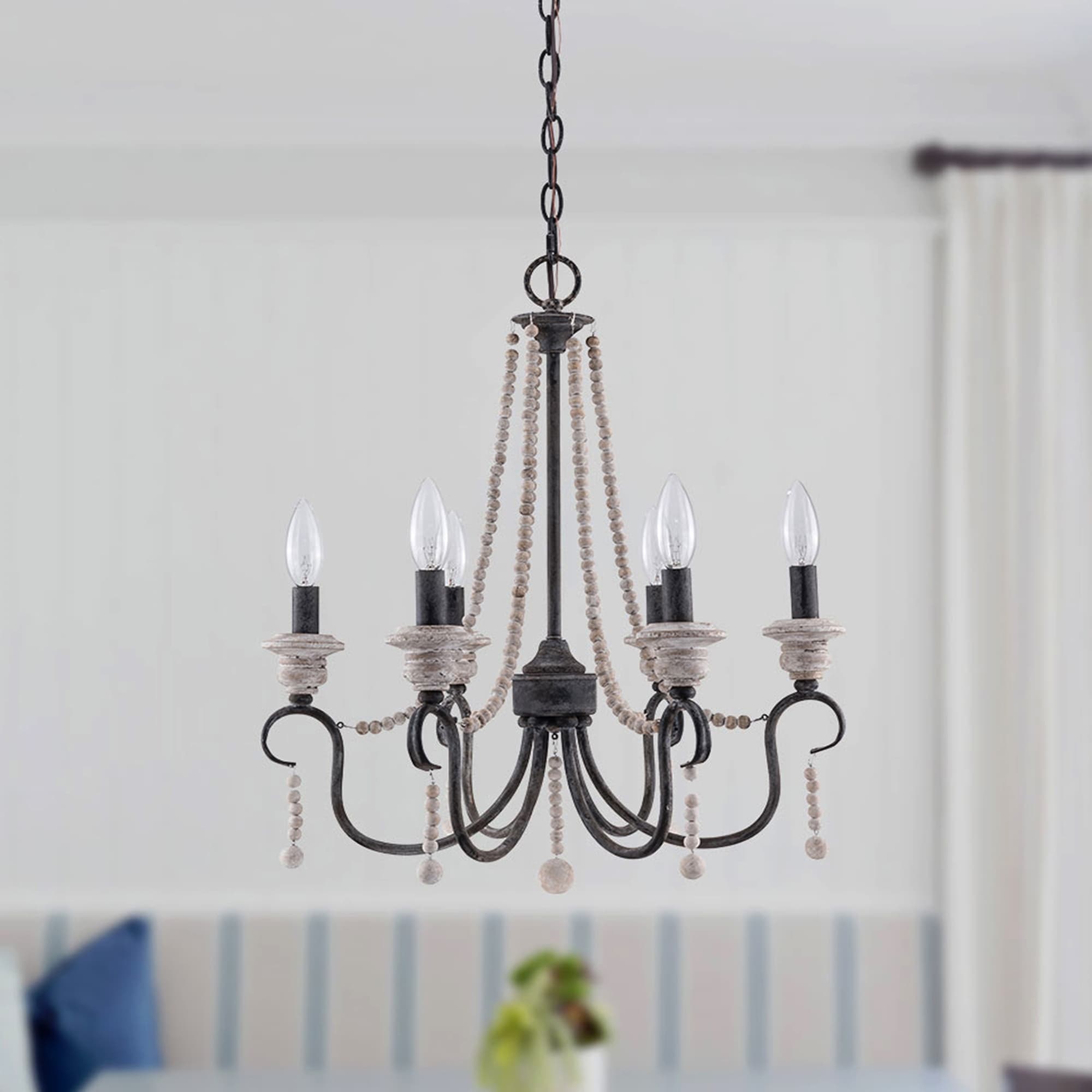 Oaks Aura Modern Farmhouse 6-Light Wood Lighting Bohemia Wood Beaded Chandelier