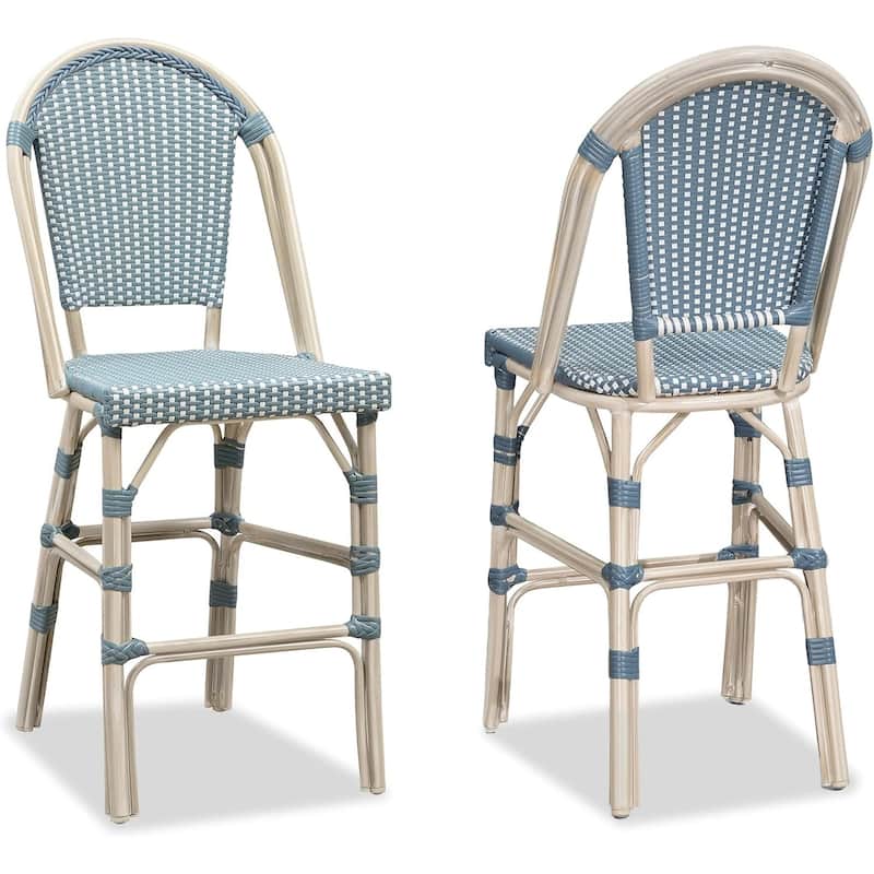 PURPLE LEAF White Print Finish Patio Bar Chairs with Back Rattan Bar Chairs French Bistro Set for Kitchen Outdoor Counter Stool - White Frame/Light Blue(40.5")