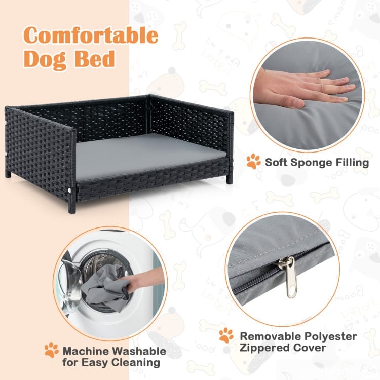 Rattan Dog Bed with Waterproof Soft Cushion for Medium Small Dogs Cats - 24.5" x 18" x 10" (L x W x H)