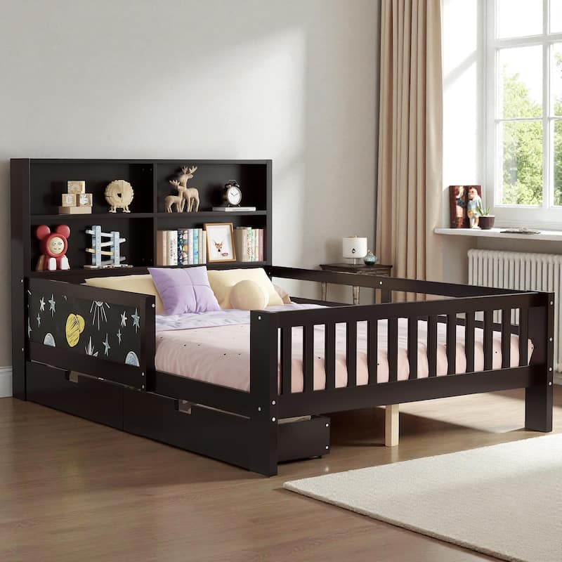 Twin/Full Solid Wood Platform Bed with Chalkboard Headboard, Storage Drawers and Shelves, Space-Saving Kids Bed - Espresso - Full