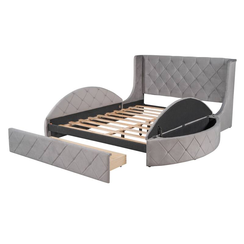 Queen Size Velvet Upholstered Platform Bed with Wingback Headboard, Storage Drawer, and Side Stools