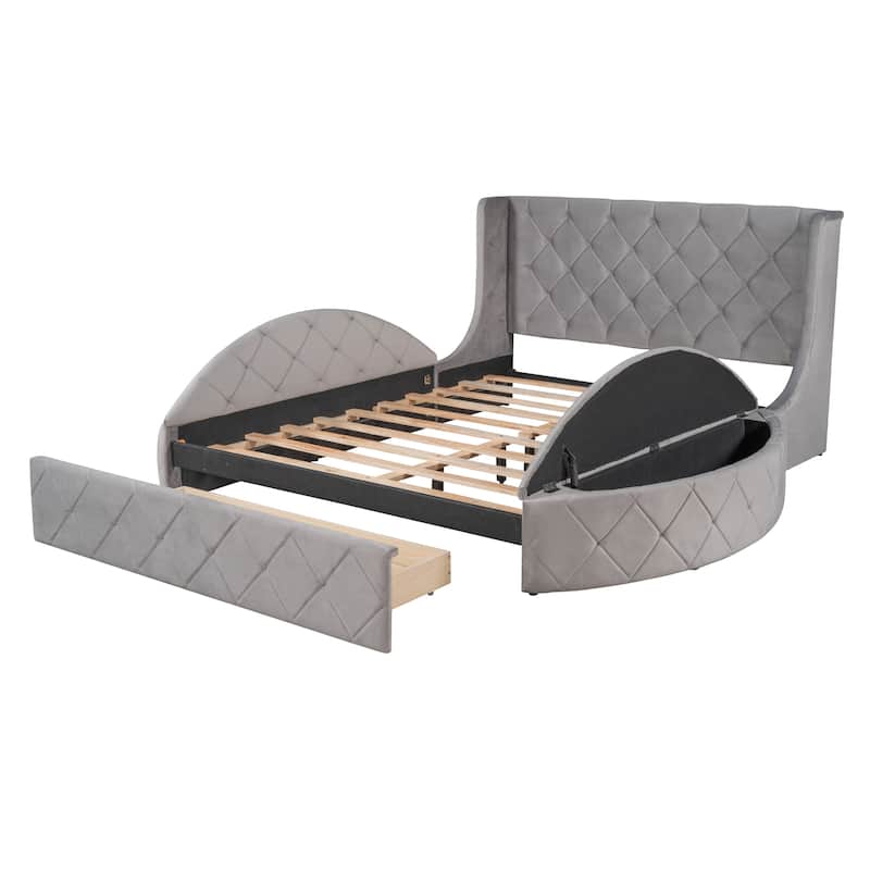 Upholstered Platform Bed Queen Size Storage Velvet Bed with Wingback Headboard and 1 Big Drawer,2 Side Storage Stool(Beige)