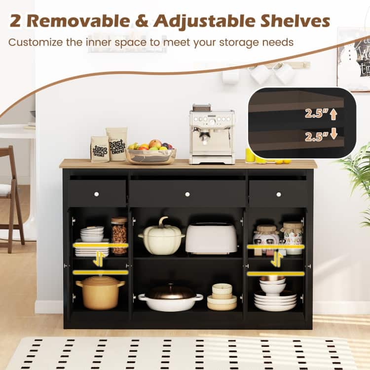 Black MDF and Engineered Wood Buffet Sideboard with Drawers and Cabinets - 55.5" × 16" × 35.5"