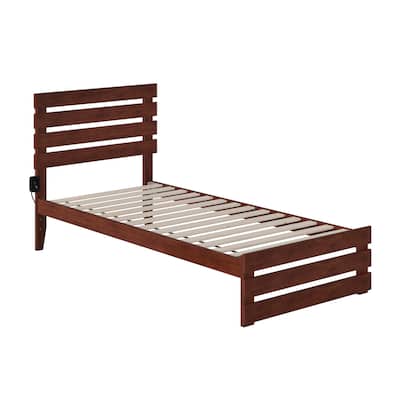 Twin XL Platform Bed with Footboard & USB Charger - Walnut Finish Modern Bed Frame