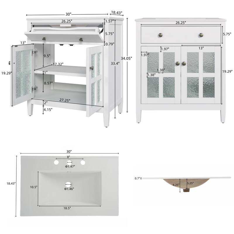 30"Bathroom Vanity with Ceramic Sink, Adjustable Shelf and Tip-Out Tray, Solid Wood Legs, Metal Knobs and Soft Close Hinges