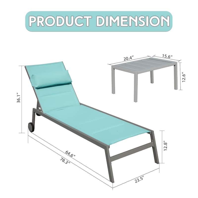 Outdoor Patio Chaise Lounge Aluminum Pool Lounge Chairs with Side Table and Wheels, Set of 3