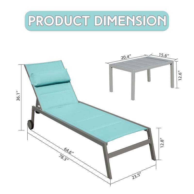Outdoor Patio Chaise Lounge Set Of 3, Aluminum Pool Lounge Chairs With And Wheels, Textilene Padded Adjustable Recliner