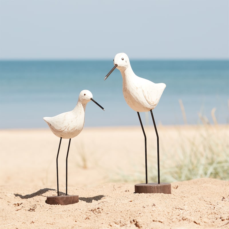 Carved Wood Sea Bird with Metal Stand (Set of 2)