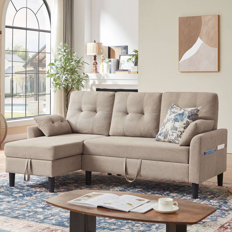 76.18" Upholstered Sleeper Pull Out Sofa Couch with Storage Chaise
