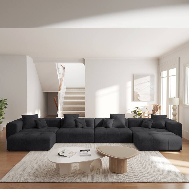 183.54" Linen Sectional Sofa U-shaped Modular Couch Wide Armrest Sofa with Pillows for Living Room