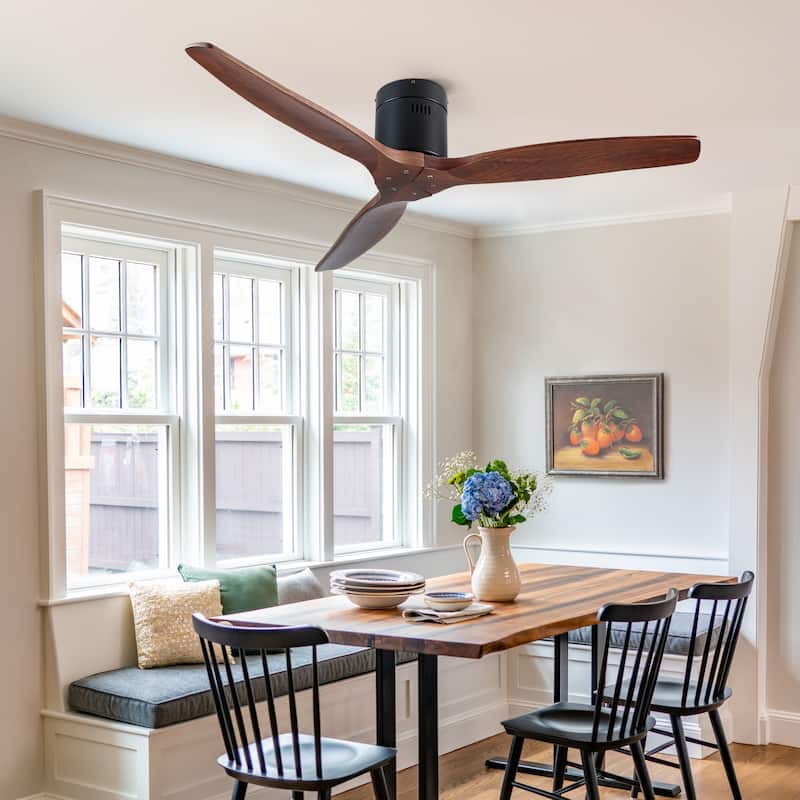 52In. Farmhouse Indoor Flush Mount Low Profile Ceiling Fan with Solid Wood Blades - 52 INCHES