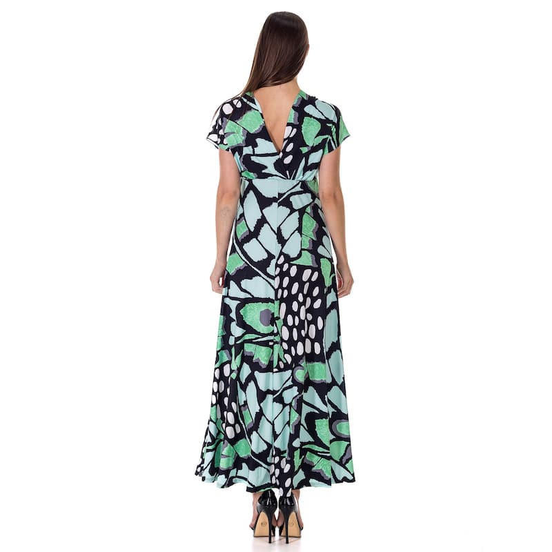24seven Comfort Apparel Womens Oversized Butterfly Print V Neck Empire Waist Cap Sleeve Maxi Dress