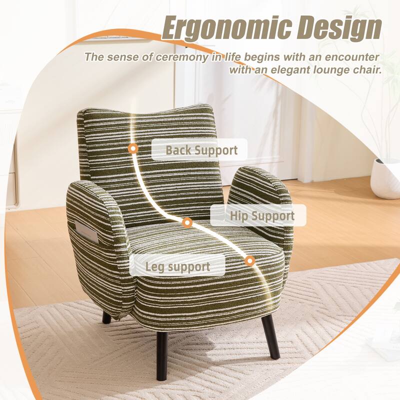 Modern style armchair with sanded fabric, Side storage pocket, Solid wood legs, Comfortable reading chair for living room