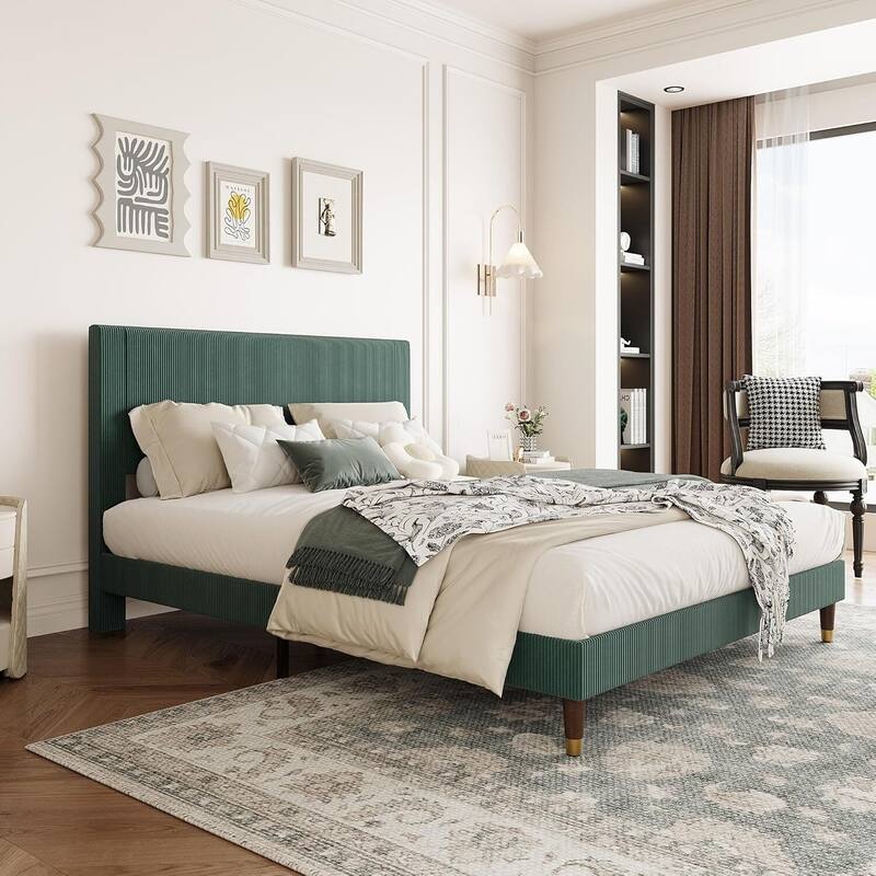 Soft Corduroy Fabric Platform Bed Frame with Upholstered Headboard, Dark Green - Full