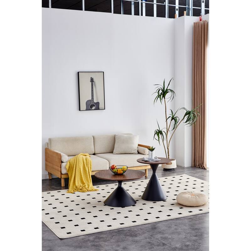 Set of 2 Coffee Round Tables with a Wulnut WOODEN-look top and black steel base - Matt Black