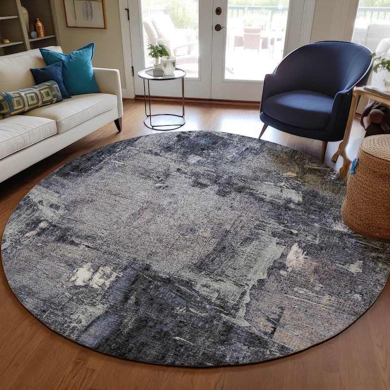 Machine Washable Indoor/ Outdoor Abstract Imprints Chantille Rug - Charcoal - 8' x 8'