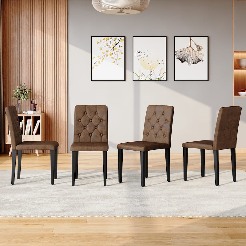 Set of 4 Suede Fabric Dining Chairs: Features a decorative button-tufted backrest, and has black metal legs