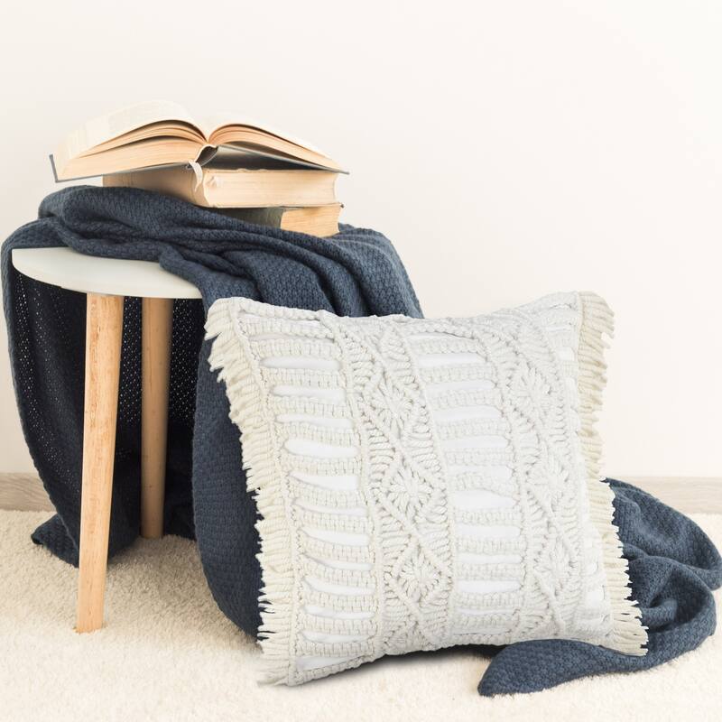 Handwoven Macrame Striped Square Throw Pillow - 20" - White