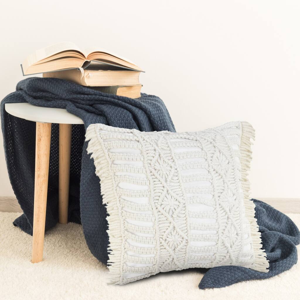 Handwoven Macrame Striped Square Throw Pillow - 20" - White