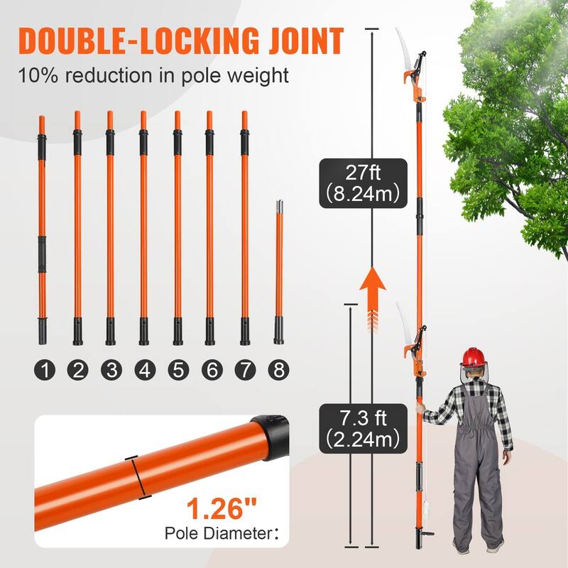 27 Feet Extendable Tree Pruner Pole Saw with Sharp Steel Blade and Scissors Ideal for High Branches and Trimming - 7.3-27 ft