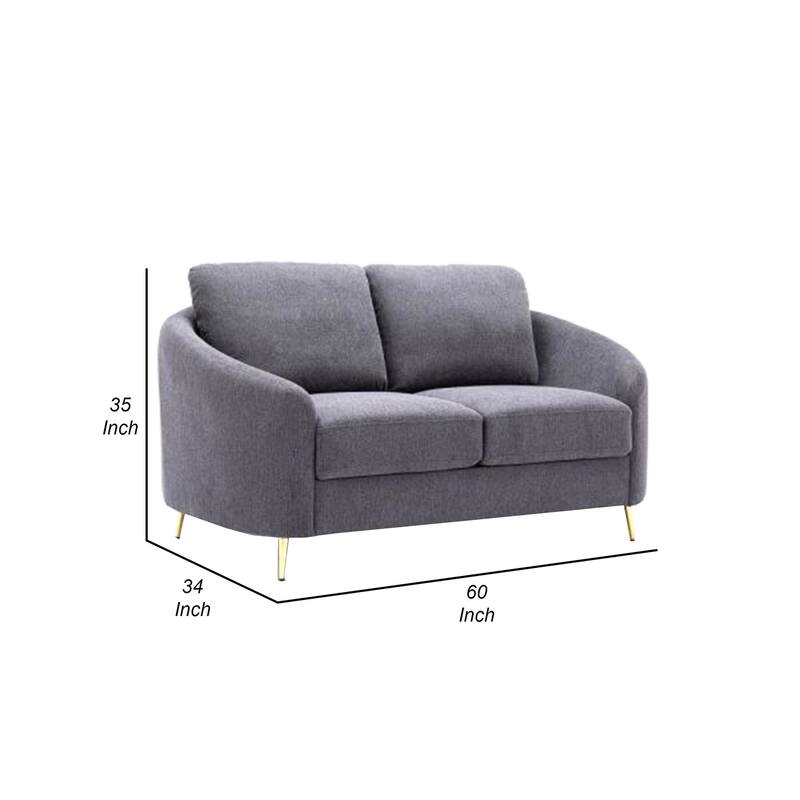 Nial 60 Inch Loveseat, Linen Upholstery, Pine Wood, Smooth Gray, Gold Legs